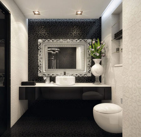 lavabo preto com espelho prateado
