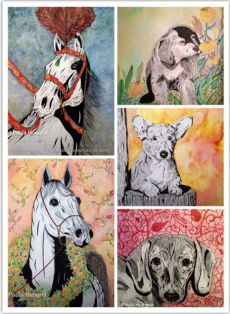 painel com caes e cavalos da artista Paula Hungria