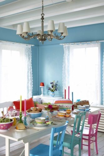 Paredes coloridas com sugestão de cor no blog da Conexão Décor. Sala de jantar toda em azul claro .