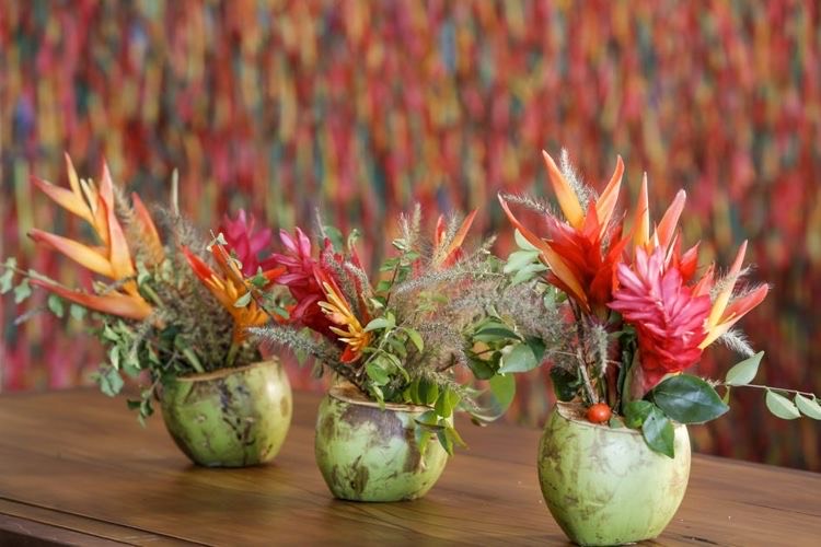Coco verde usado com vaso para arranjo com flores tropicias