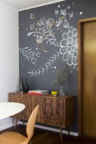 Inspirações para decorar usando lousa.. Na sala de jantar, parede do aparador em lousa com desenhos super personalizados.