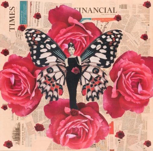 As lindas e incríveis colagens artísticas de Andrea Magalhães Lins. Audrey Hepburn com rosas na colagem do jornal.