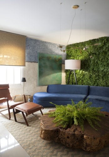 Ambiente com parede verde, sofá azul curvo e mesa de centro em madeira resgatada na natureza.