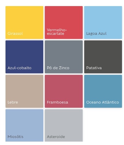 Cartel de cores que serão tendencia em 2019, segundo a Tintas Suvinil. Cartela com vários tons de azul.