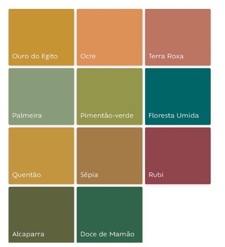 Cartela de cores da Tintas Suvinil. Grupo de cores que são tendencias para 2019.