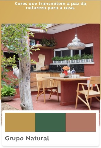 Grupo de cores da Suvinil tintas. Parede de fundo da varanda com uma cor tendencia de 2019.