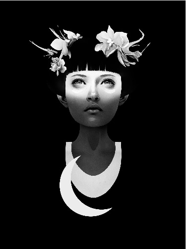 Trabalhos do ilustrador holandês Ruben Ireland,conhecido por retratar figuras sombrias e mulheres místicas de forma calma e forte. Mulher com flores no cabelo.