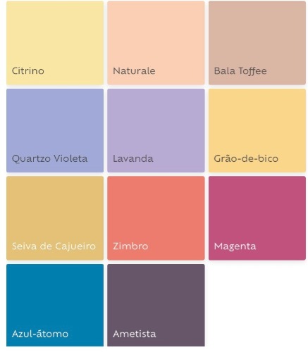 Cartela de tintas das cores que serão tendencia em 2019, segundo a Suvinil Tintas.