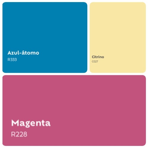 Combinação de 3 cores que serão tendencia em 2019. Um azul mais claro, uma amarelo clarinho e magenta.