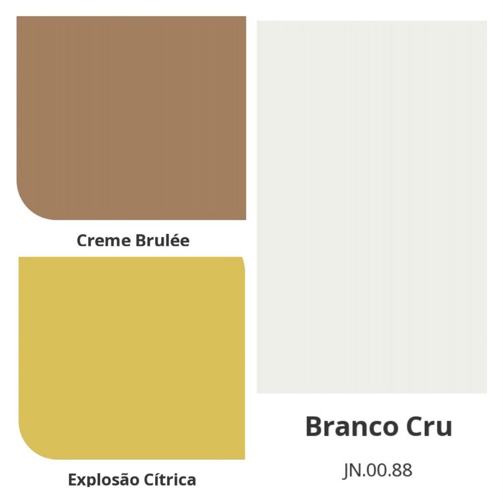 Combinação de cores com a cor do ano da Coral Tintas , Creme Brulée, Uma cor marrom clara combinada com branco e amarelo claro.