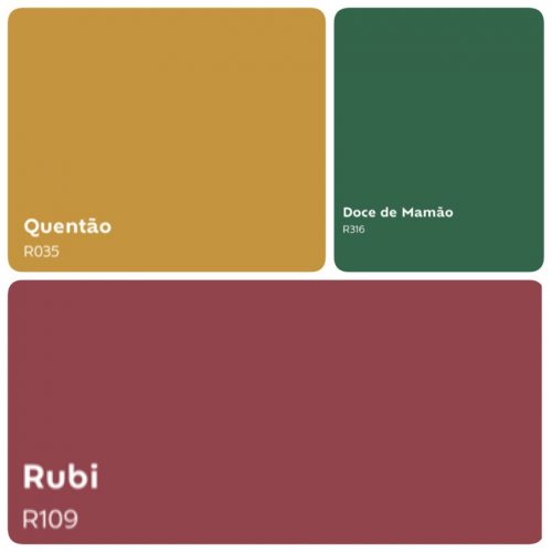 Combinação de cores com a cor do ano de 2019 da Suvinil Tintas, Quentão. Um amarelo mostarda combinando com um verde e cor rubi.