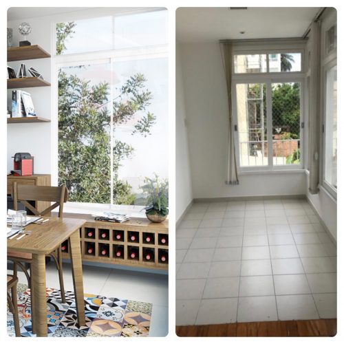 projeto com antes e depois. Fotos da sala antes e depois com a integração da cozinha.