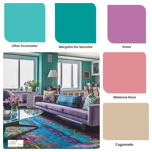 Combinação de cores by Conexão Décor. Paleta de cores com turquesa, azul e rosa.