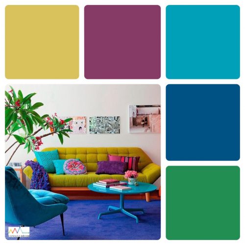 Combinação de cores by Conexão Décor. Paleta de cores com mostarda, roxo e turquesa.