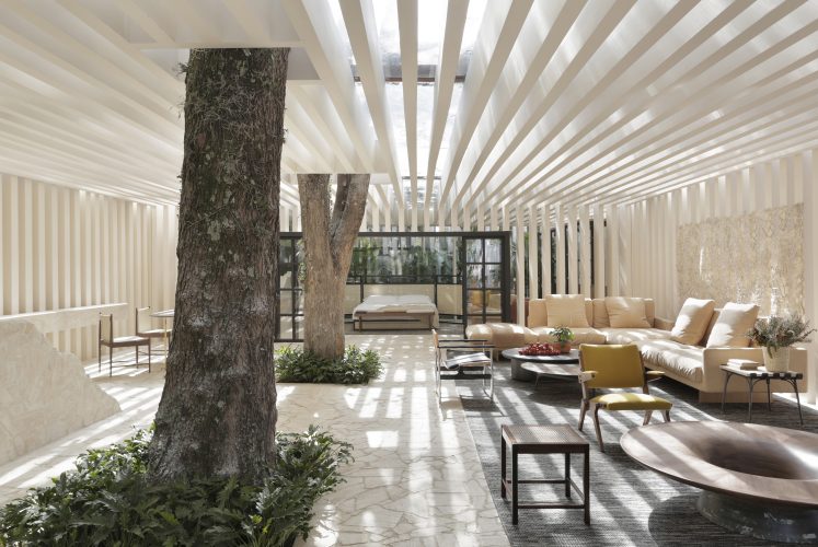 Casa das Sibipirunas: Otto Felix reinventa o conceito de casa de campo na CASACOR São Paulo 2019. Espaço integrado co as duas arvores existentes no local.