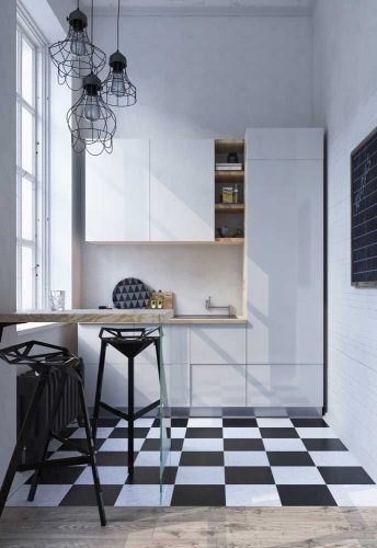 Xadrex na decoração. Cozinha pequena com piso xadrez em preto e branco
