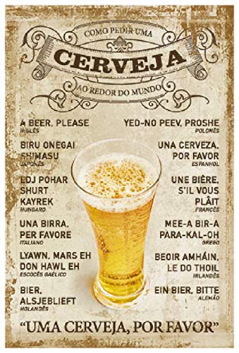 Plaquinhas para decoração, sobre cerveja. Um copo de cerveja e escrito como pedir uma cerveja em varias línguas.