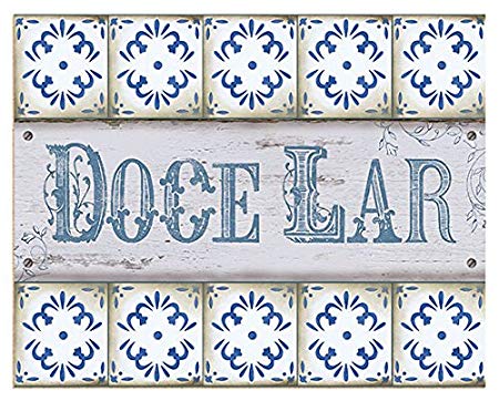 Plaquinhas para decoração, azul e branca escrita Doce Lar