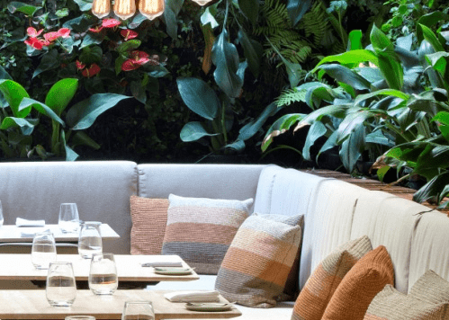 Design Biofílico: Arquitetura que transforma a sua vida. Restaurante com parede verde em volta. Plantas e flores