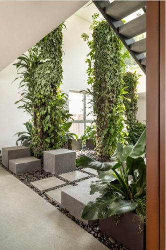 Design Biofílico: Arquitetura que transforma a sua vida. Jardim interno de uma casa com colunas de plantas