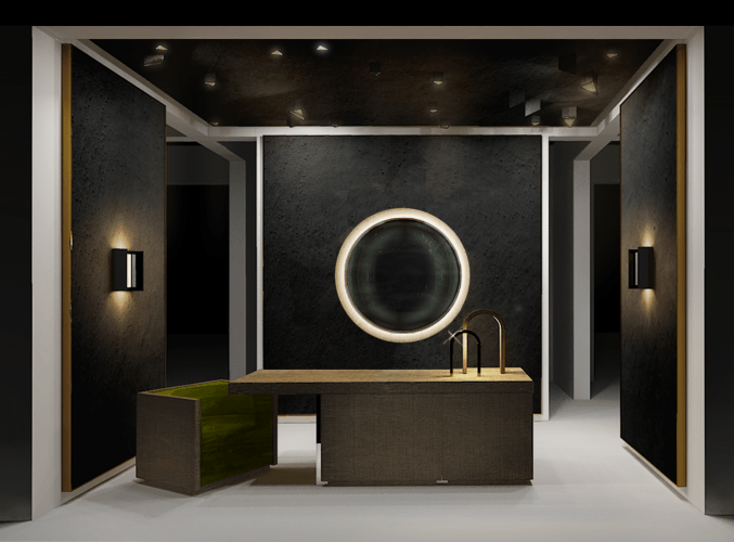 Algumas das novas apostas do design na M&O . Imagem de uma bancada de banheiro com uma poltronas encaixada