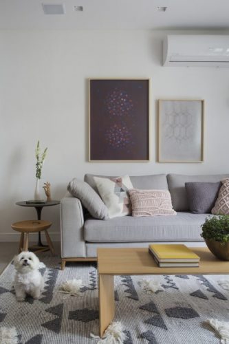 Pequenas interferências para tornar os ambientes mais amplos em um apartamento no Leblon. Paredes brancas, sofá cinza e um cachorrinho na foto.