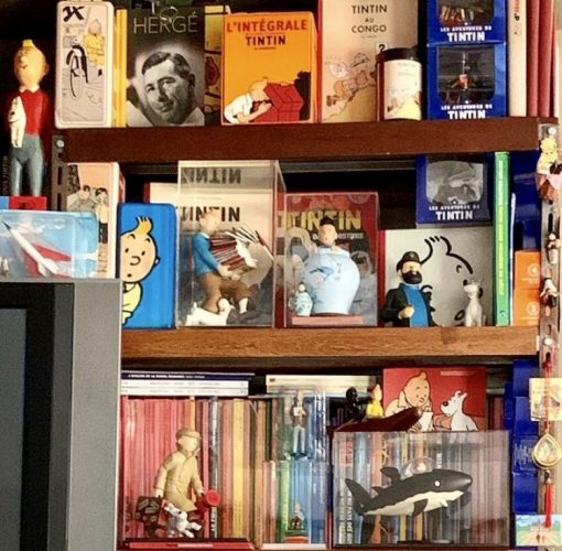 Paixões do arquiteto Chicô Gouvea, vários bonecos, livros e cds do personagem Tintin na estante da casa do arquiteto.