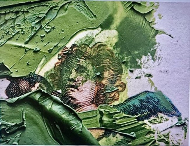 Paixões do arquiteto Chicô Gouvea. uma foto de um anjo com pinceladas fortes em tinta verde.