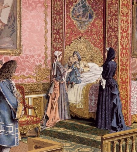 Ilustração de uma cama da época da corte francesa.