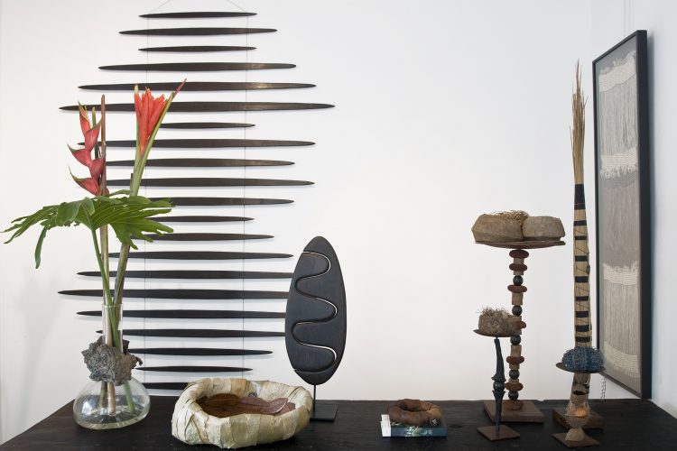 Sementes de sucesso, artista plastica Monica Carvalho que usa sementes n seu trabalho. Foto de um móbili de madeira na parede e em cima da mesa esculturas