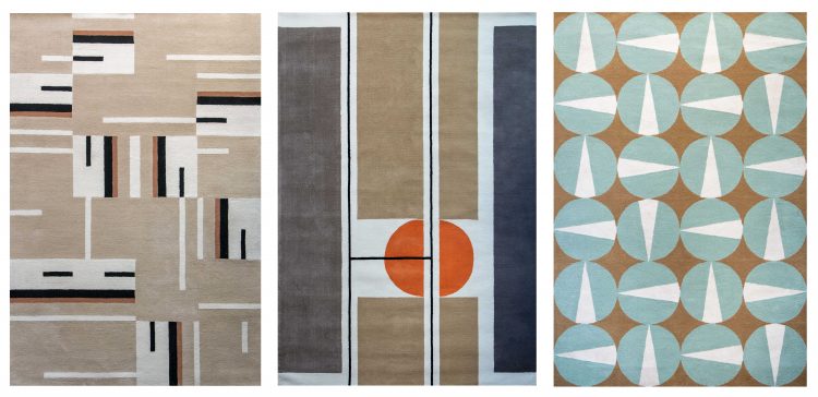 Coleção de tapetes inspirada na obra de Noel Marinho. Tres estampas com fundo bege e grafimos