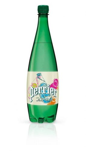 Andy Wharol assina a embalagem da agua mineral frencesa Perrier comemorando os 150 anos da marca