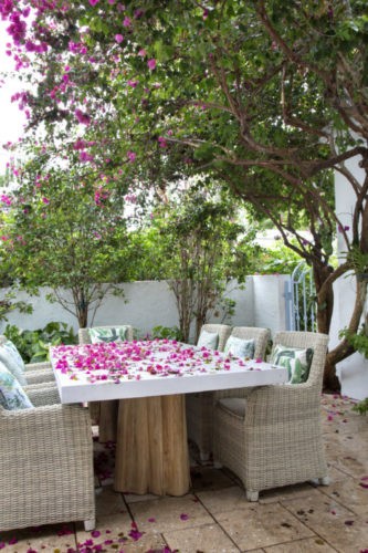 Casa aconchegante de 300 m² em Venetian Islands - Miami, Quintal com buganvília e mesa co poltronas em vime 