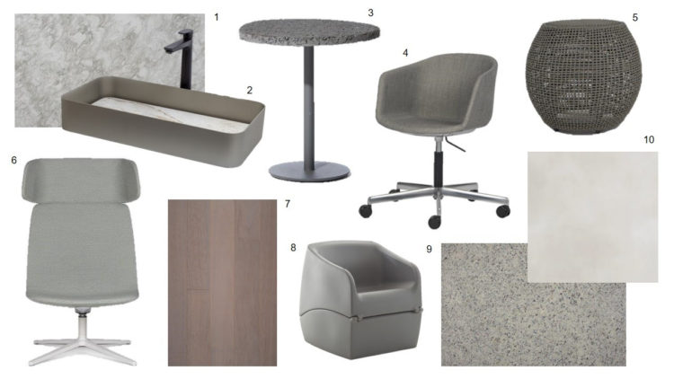 Varios produtos em fotos montando um quadrado. Cadeiras, cubas e bancos na cor cinza.