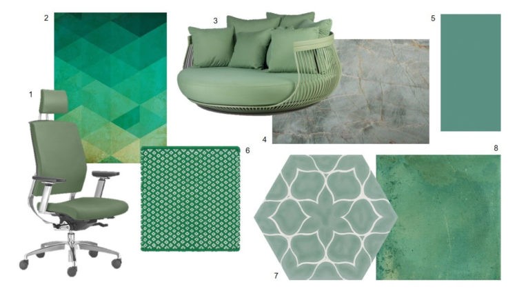 Fotos de poltrona, cadeira, tapetes e revestimentos na cor verde