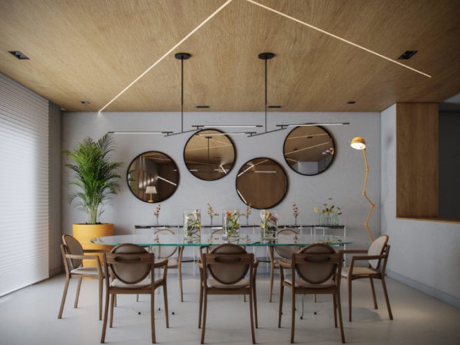 Imagem em render de uma sala de jantar. Teto forrado de madeira, mesa com tampo de vidro, cadeiras em mdeira e espelhos redondos na parede de fundo