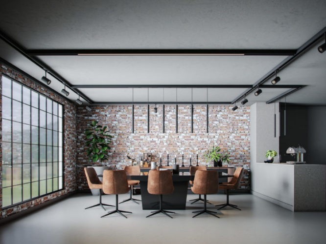 Imagem em render de uma sala de jantar estilo industrial, parede de tijolinho, mesa prat e cadeiras de couro marrom.