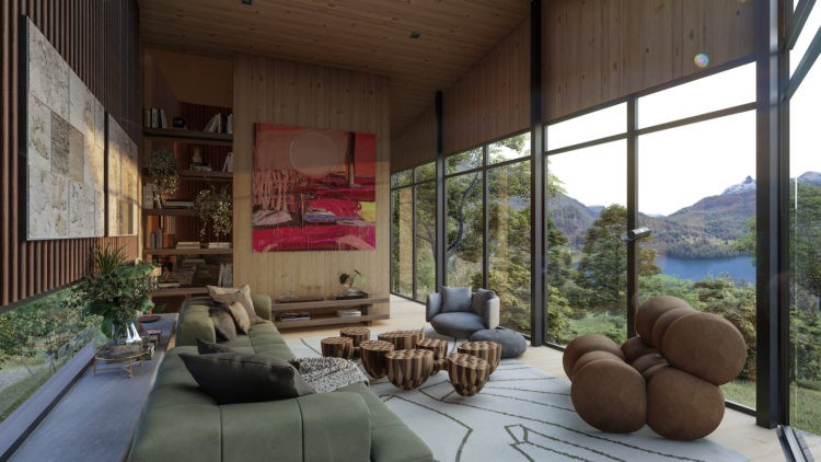 Casa na Toca - mostra virtual a partir de uma casa real na Patagônia Chilena. Imagem em render de uma sala com janelas de piso ao teto e vista para o lago chileno. 