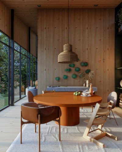 Casa na Toca - mostra virtual a partir de uma casa real na Patagônia Chilena. Sala de jantar com uma mesa redonda marrom , a fundo uma parede revestida em madeira 