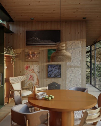 Imagem em 3d de uma sala de jantar com mesa redonda marrom, uma luminaria pendente em vime