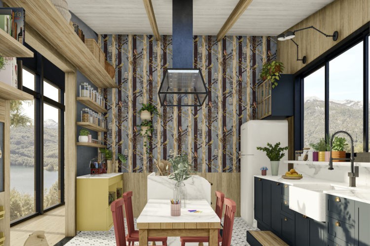 Imagem em 3d de uma cozinha, ao fundo um painel com bambus, no centro uma ilha e emsa acoplada