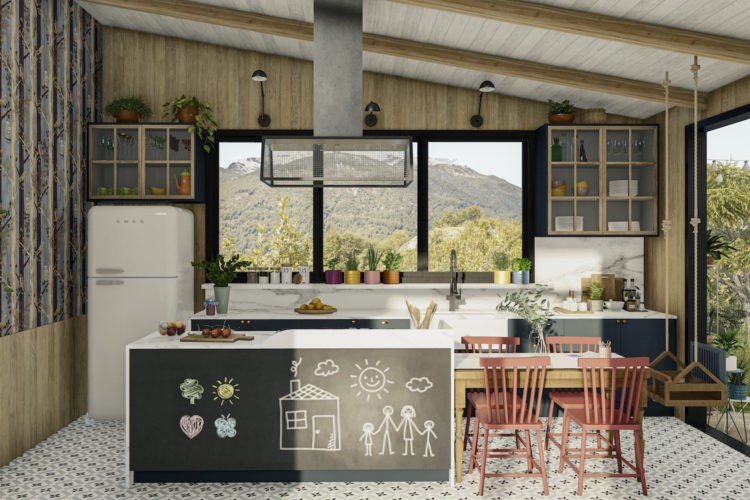 Imagem em 3d de uma cozinha, com ilha forrda na frente com lousa preta para as crianças desenharem
