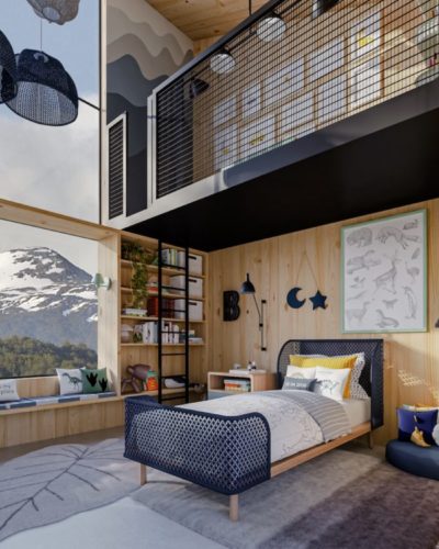 Casa na Toca - mostra virtual a partir de uma casa real na Patagônia Chilena. Imagem em 3d de uma quarto de menino com as paredes revestidas em madeira e uma grande janela com vista para montanhas com topo de neve