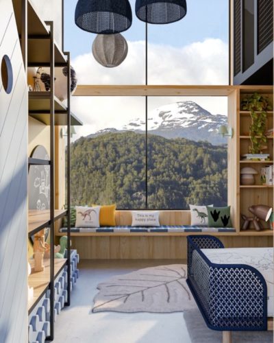 Imagem em 3d de um janelão com banco em frente e a vista para montanhas com topo de neve