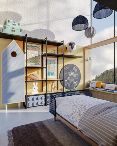 Imagem em 3d de um quarto de menino e em frente a cama a parede revstida em madeira e uma estante de ferro