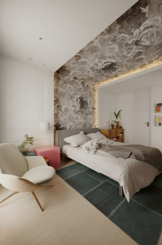 Apartamento inspirado nas estações do ano, no quarto papel de parede atras da cama e subindo pelo teto com estampa de nuvens ventando e cinzs.