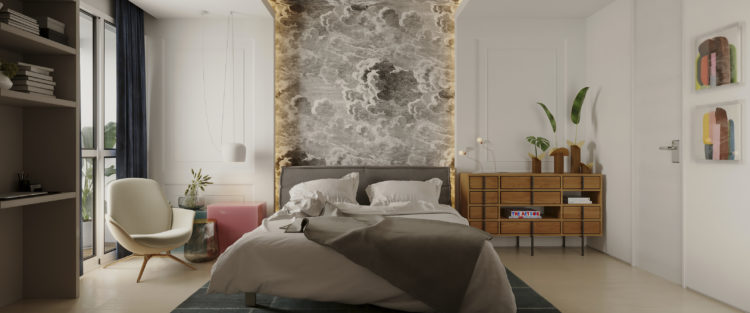 Apartamento inspirado nas estações do ano, papel de paede atras da cama subindo pelo teto , com estampa de nuvens e vento.