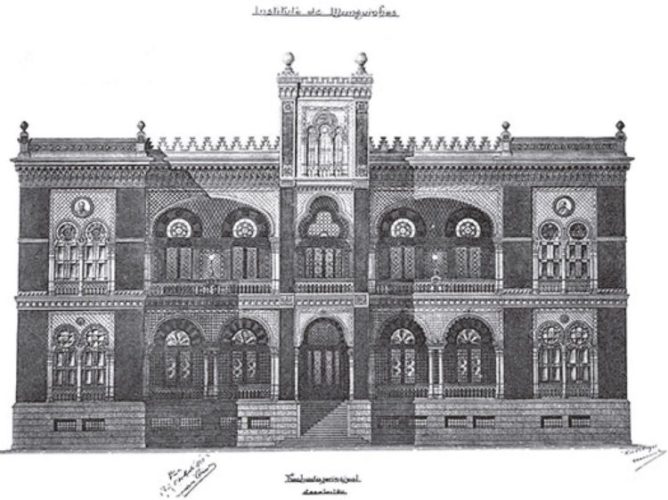 Desenho do Primeiro projeto de Luiz Moraes Jr. para a sede do Instituto Oswaldo Cruz, 1905 (Acervo DAD/Fiocruz)