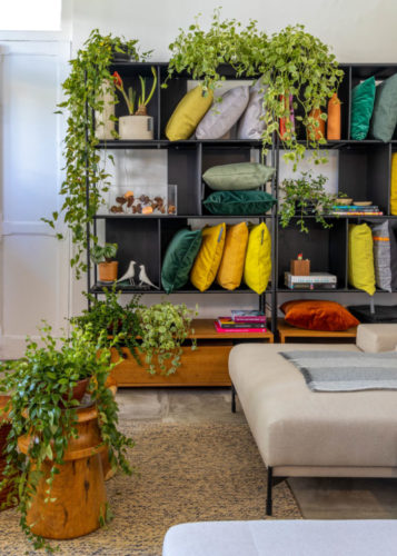 Atelier Botânico - loja carioca reabre com mostra de plantas e a participação de dez paisagistas e floristas. Estante com almofadas coloridas e vários vasos de plantas.