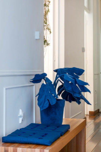 Vasos com plantas feito em tecido de veludo na cor azul
